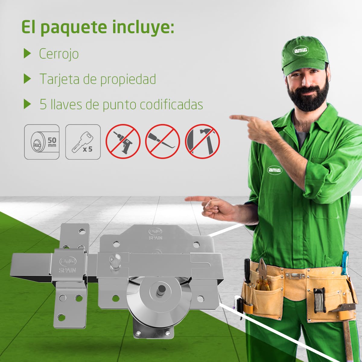 Amig - Cerrojo de Sobreponer con Resbalón de Alta Seguridad - Cilindro 50 mm - 90 x 154 mm - Acero - Cromado Brillo - Antibumping y Antitaladro - Cierre a la Dercha