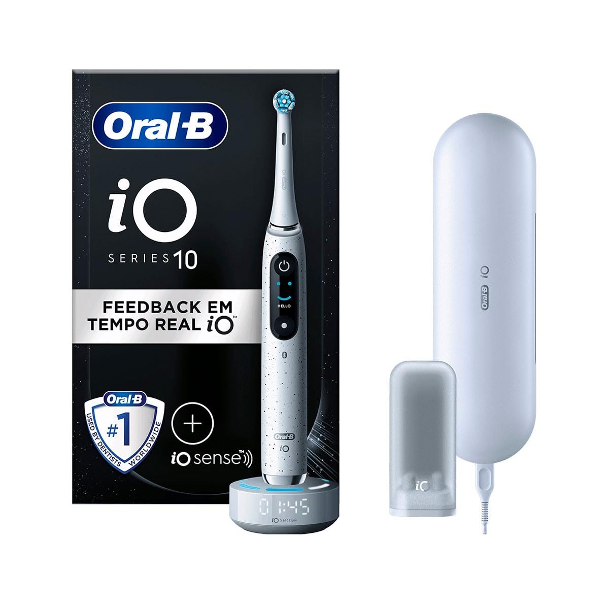 Oral-B Cepillo de dientes eléctrico recargable iO 10, sensor de presión, pantalla interactiva, inteligencia artificial con Live Coaching, 1 cabezal, 1 cepillo, funda de viaje, color blanco, idea