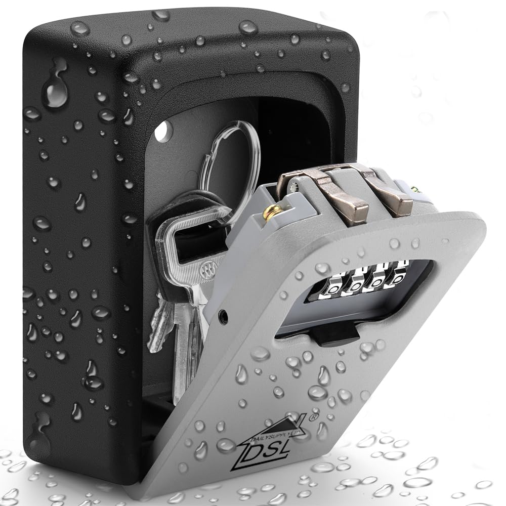 DSL Key Safe Box Wall Mounted Outdoor – Waterproof 4 Digit Combination Lock Box for Home, Garage, Airbnb & Office – Heavy Duty Metal Key Lock Storage