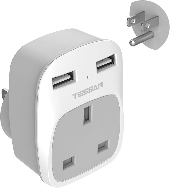 UK to US Plug Adaptor, TESSAN UK to USA Plug Adapter with 2 USB, American Plug Adapter UK to US, 3 in 1 US USA Travel Adapter from UK to USA, Canada, Thailand, Mexico (Type B)