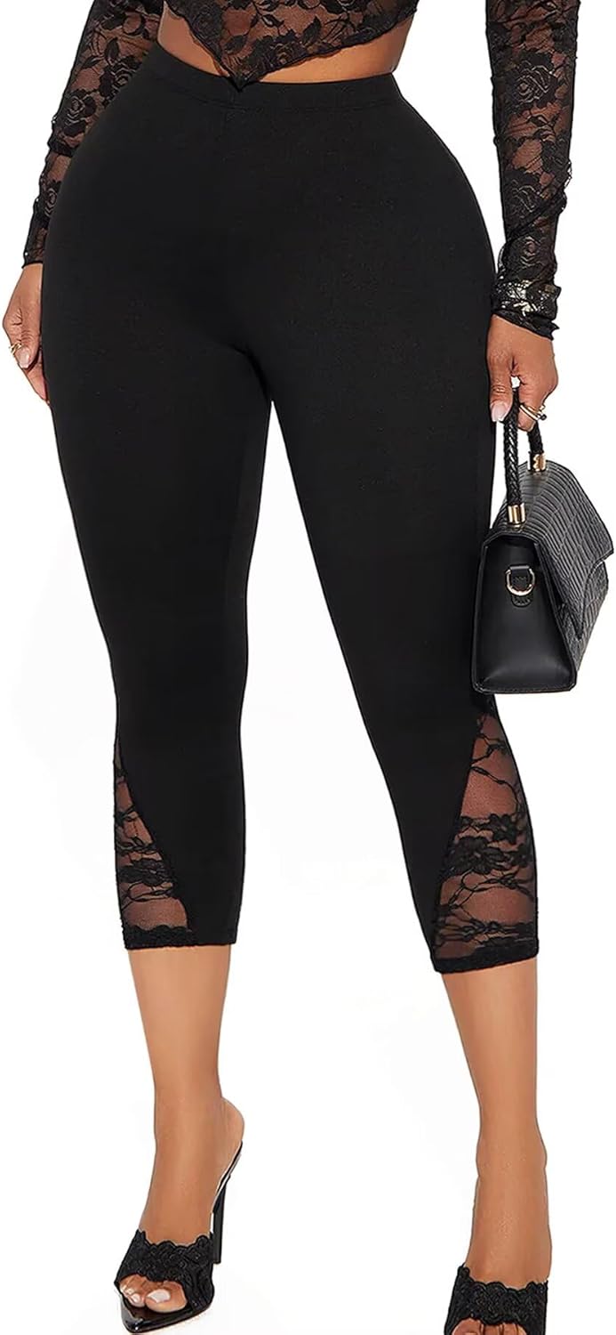 TZLDN Womens Capri Leggings Sexy Lace Pants Mesh Cropped 3/4 Knee Length Dressy Going Out Bottoms