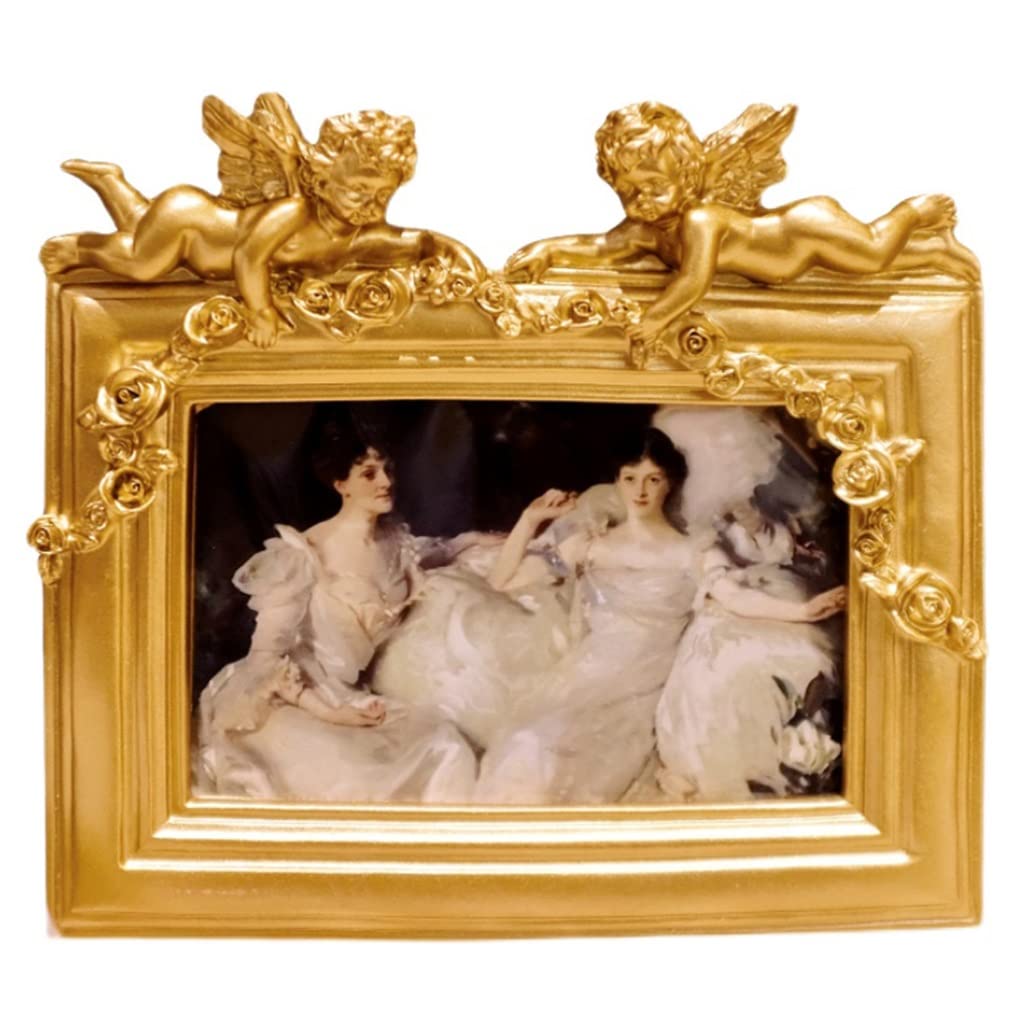 Photo Frames Picture Frame Vintage French Embossed Photo Frame With Cherub Wreath Decoration Antique Photo Frames Resin Tabletop Photo Frame (Color : Gold, Size : 4x6 in)