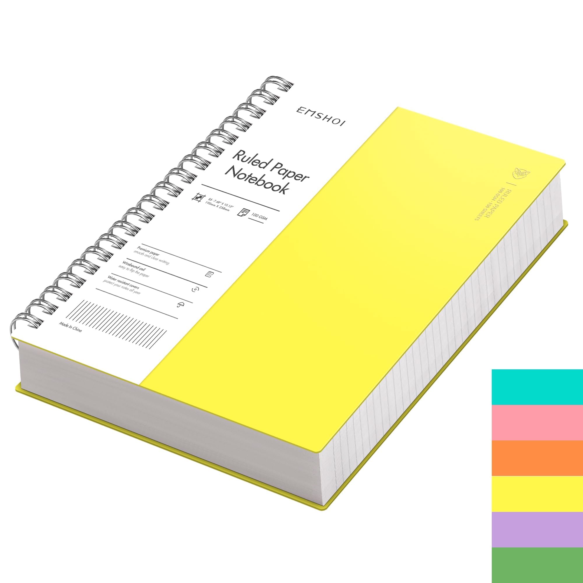 EMSHOI Spiral Notebook, B5 7.48" X 10.15", 300 Pages, Hardcover, 100gsm Thick Lined Journal, for Women Men Work Writing - Yellow