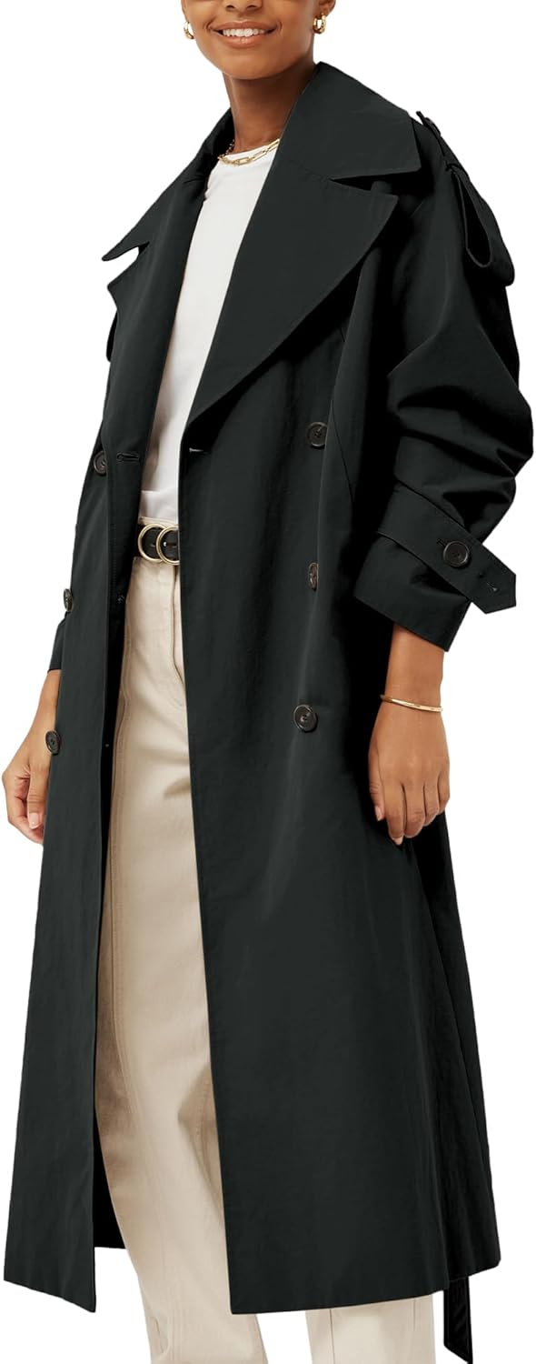 Farktop Womens Oversized Long Trench Coat Double Breasted Lapel Windproof Overcoat with Belt - Image 2