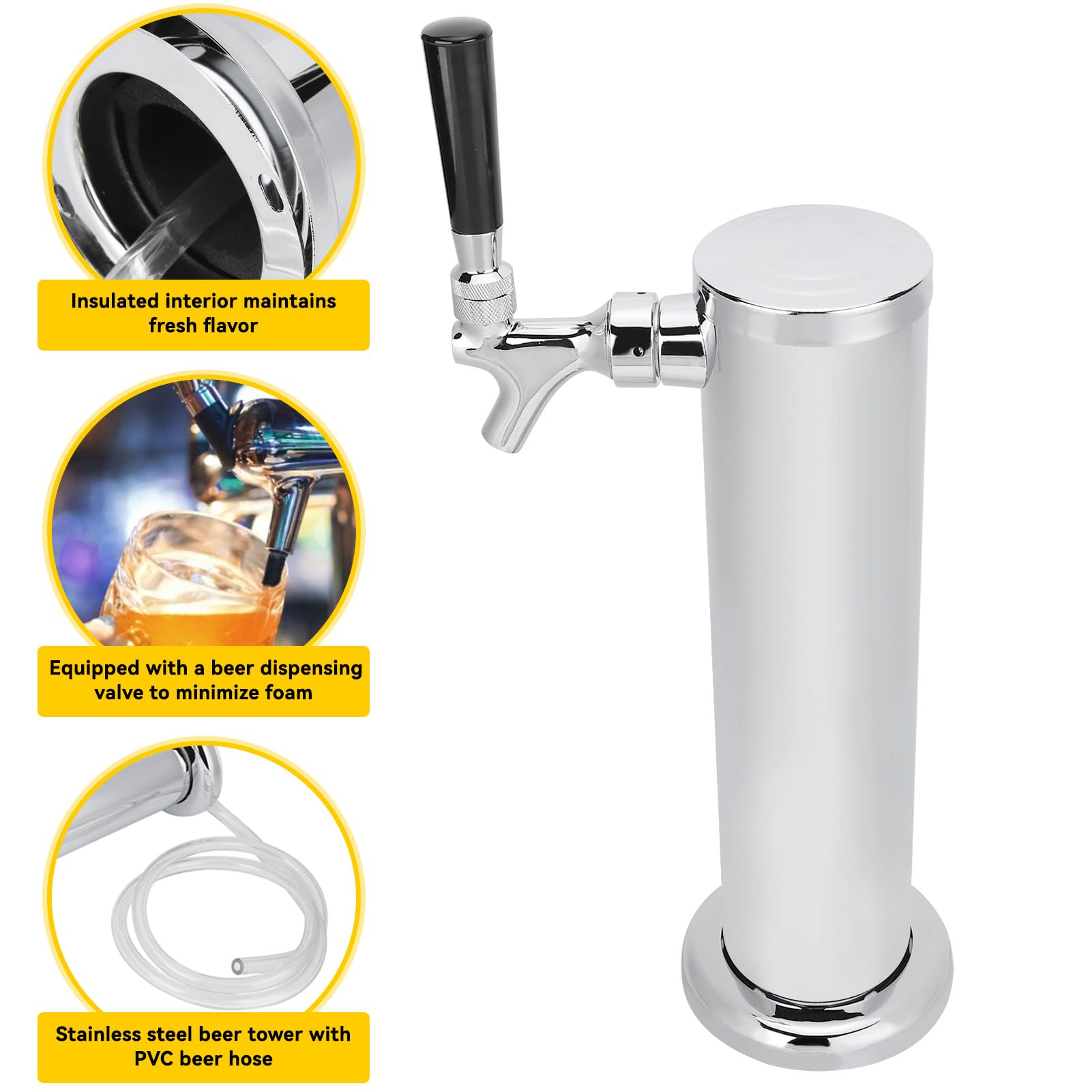 Bierfassturm mit Einzelhahn, 32.5cm Edelstahl Bier Turmspender Homebrew Fassbierturm Bierzapfanlage Trinksäule Kegerator Turm Kit für Hause Partys Bier Saftzapfanlage