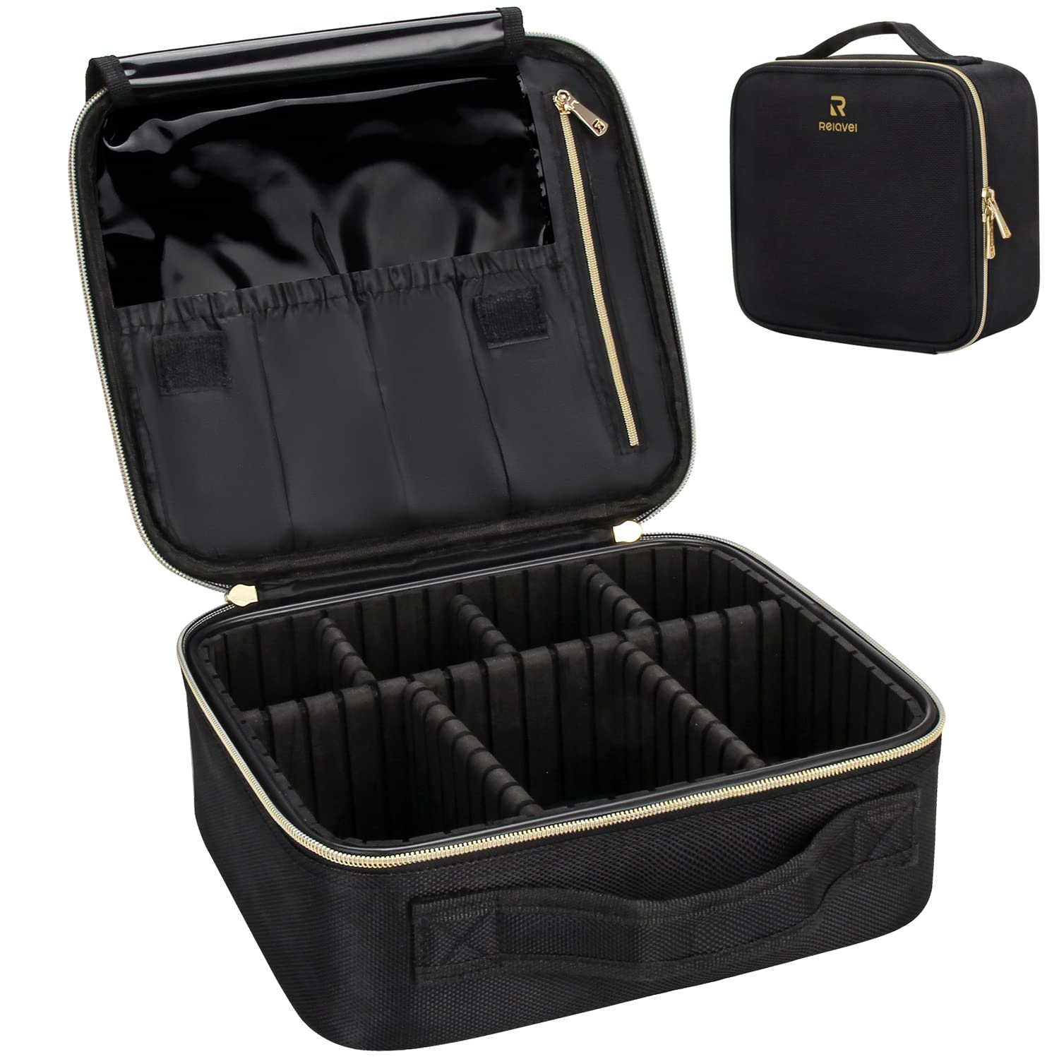 Relavel Travel Makeup Train Case Makeup Cosmetic Case Organizer Portable Artist Storage Bag with Adjustable Dividers for Cosmetics Makeup Brushes Toiletry, Black with Gold Zipper