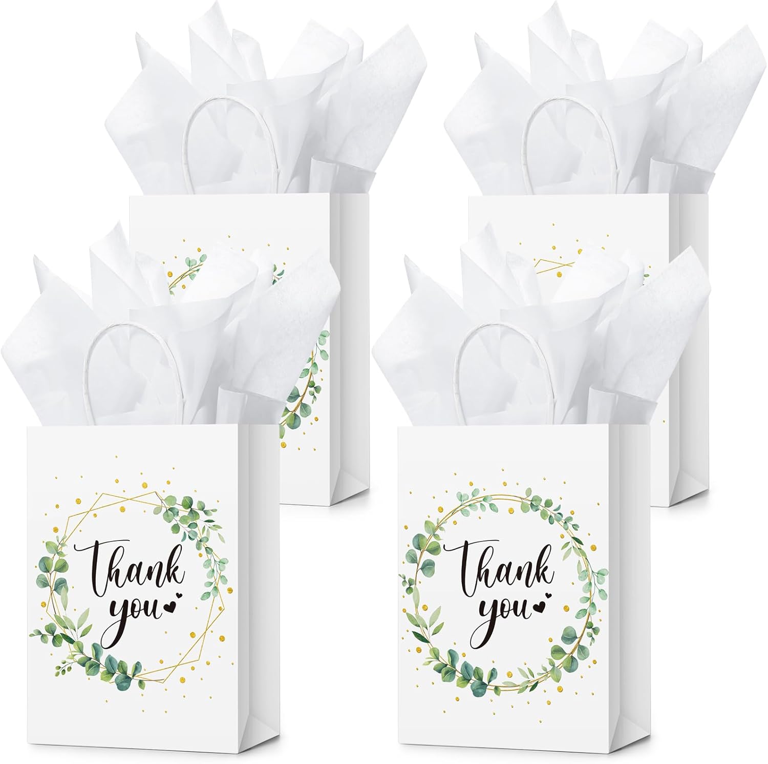 Tinlade 30 Pcs Thank You Gift Bags with Tissue Paper Gold Thank You Wedding Bags with Handle for Graduation Business Shopping Wedding Shower Party Favors(Eucalyptus Leaf)