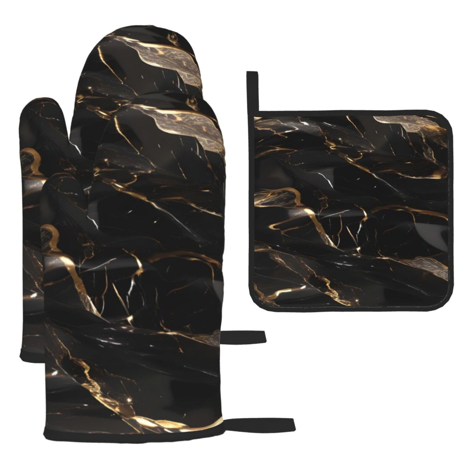 Black Gold Marble Print Oven Kitchen Gloves For Baking Outdoor Grilling Home Use Mitts Microwaving Bbq
