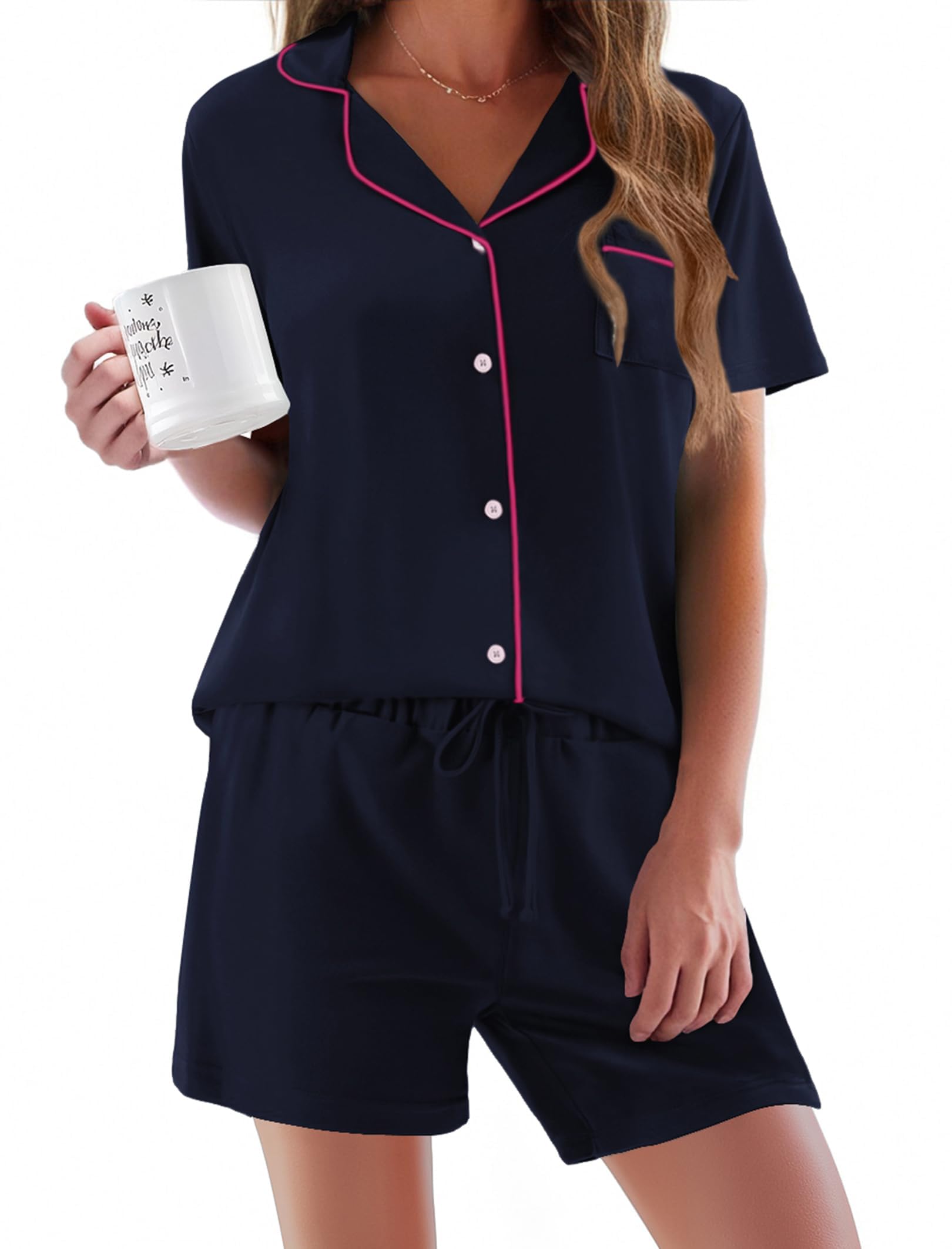 Ekouaer Schlafanzug Damen Kurz Pyjama Set Kurzarm Schlafanzüge Frauen Sommer Hausanzug Kurz Lounge Set Zweiteiliger Sleepwear mit Knöpfen und Taschen,S-XXL