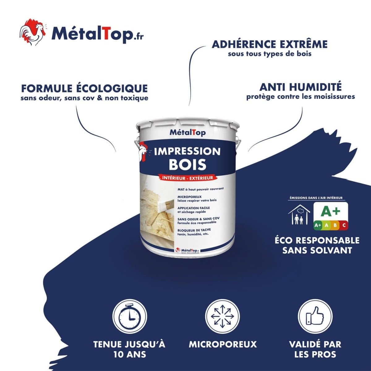 Metaltop - Impression Bois - Blanc - 1 L - Primaire d'accrochage pour bois neufs ou anciens, intérieur et extérieur