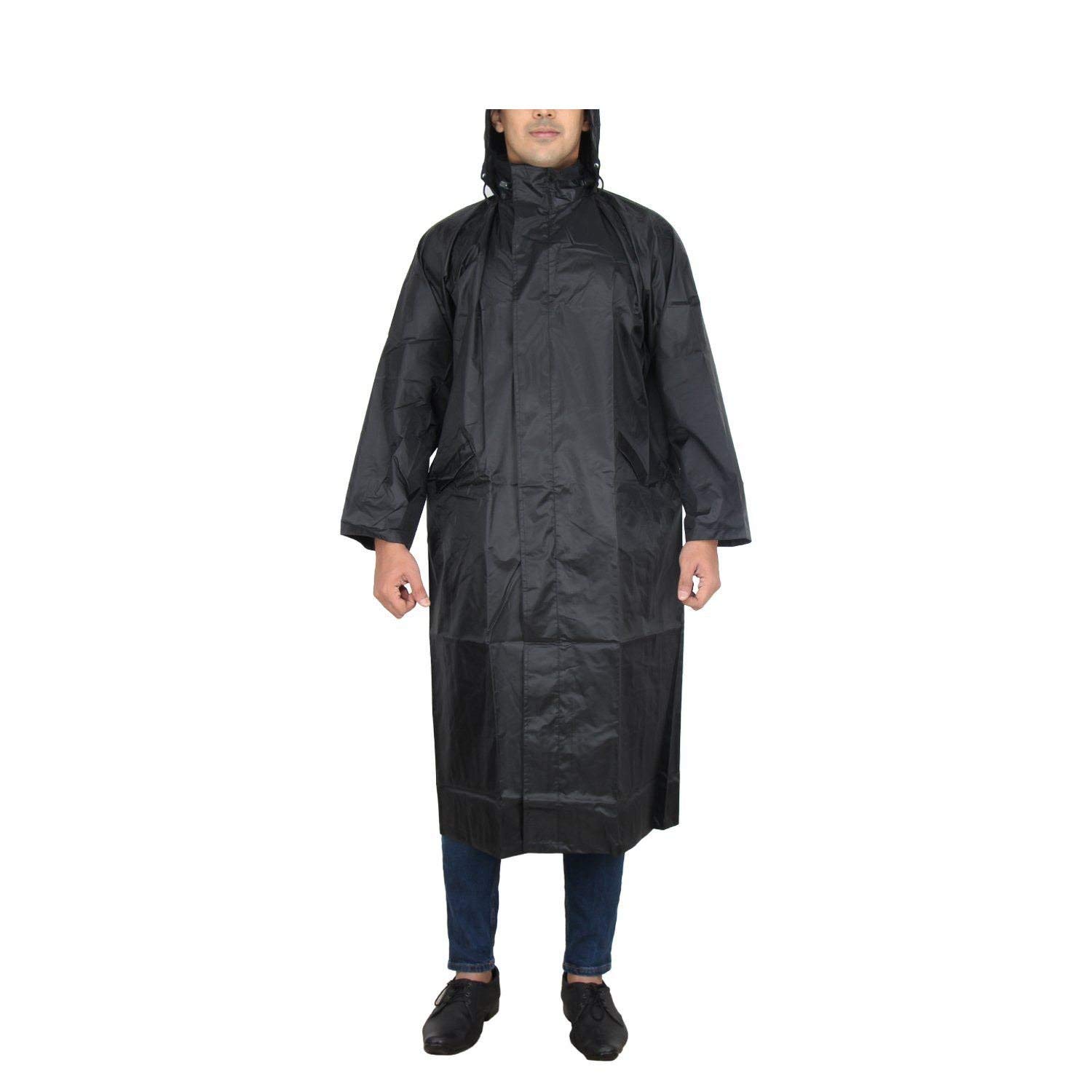 Crystal Zone Men's Polyester virgin pvc Long Rain Coat with Cap and Cover (Black) (XL)-image-7