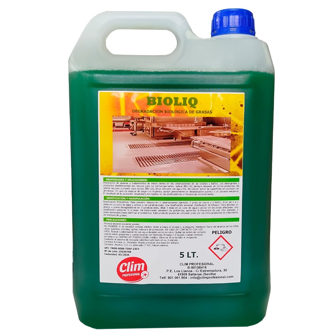 Clim Profesional Desatascador Biológico Enzimático Perfumado para Eliminación y Limpieza de Grasas y Materia Orgánica que Producen Atascos. 5 litros