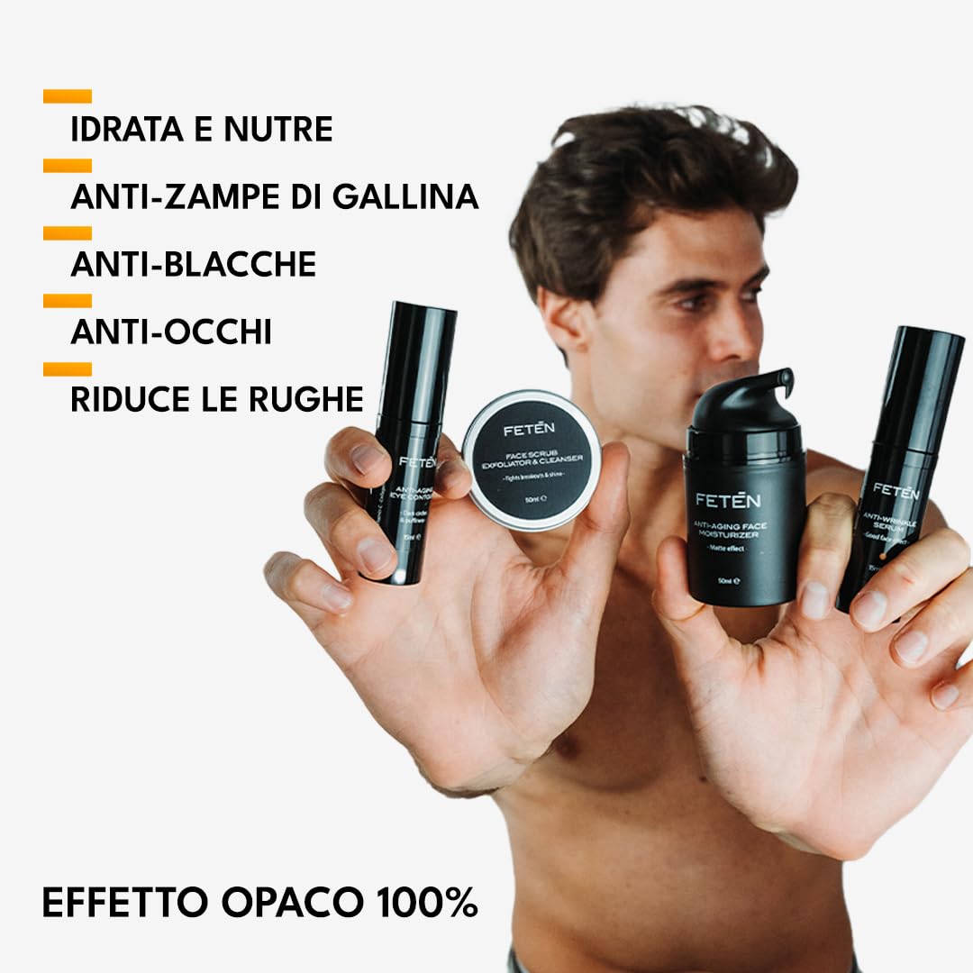 FETEN Set 360 Cura Viso Uomo – Kit Regalo Uomo 4 in 1 con Esfoliante, Siero Antiage con Vitamina C, Crema Idratante e Contorno Occhi Antiocchiaie