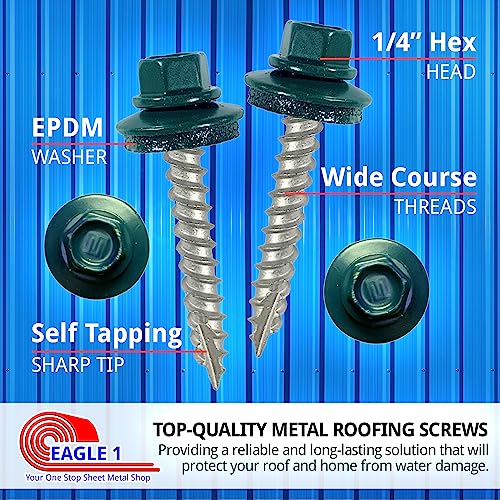 EAGLE 1 Metal Roofing Screws #10 - Painted Hex Head Self-Tapping Screws with EDPM Rubber Washer for Metal to Wood, Vinyl, Small Sheet Metal - Free Magnetic Driver (Evergreen, 1.5 Inch, 250)