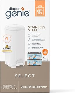 Diaper Genie Select Pail Registry Gift Set (White) | Made of Durable Stainless Steel Metal | Includes 2 Jumbo Refills | Holds 1620 Newborn Diapers