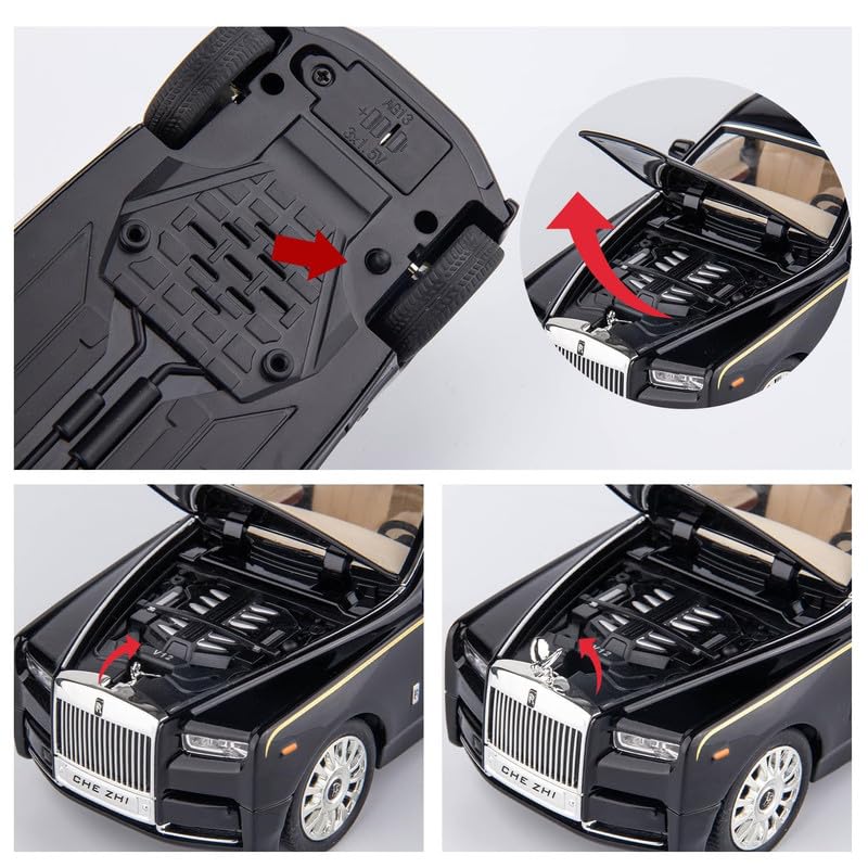 Image of Kids Model 1:24 Rolls-Royce Phantom Die Cast Metal Car Pull Back Action Opening Doors with Realistic Engine Sound Lights Toy Car Gift for Boys -Black