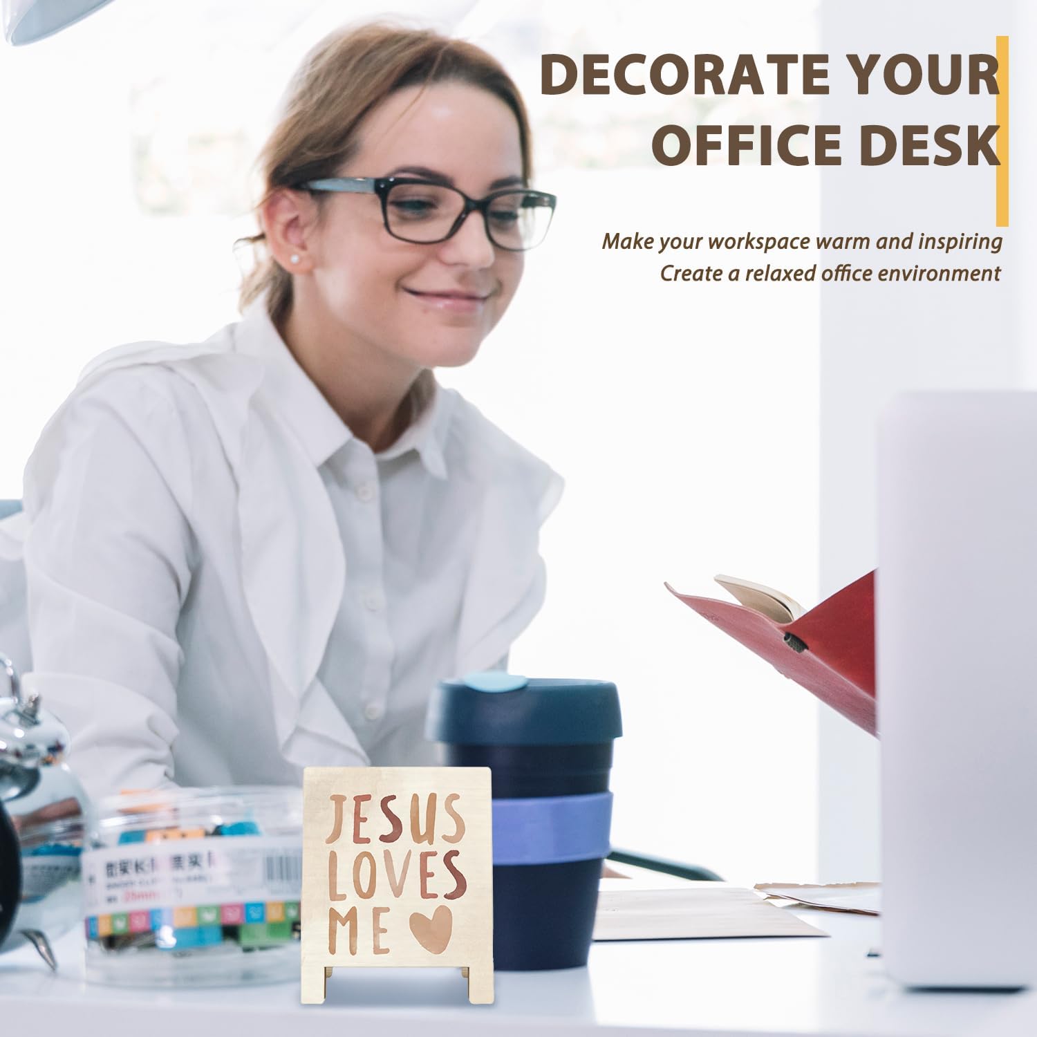 Christian Desk Decor, Boho Neutral Jesus Loves Me Bible Verse Desk Sign, Christian Gifts for Kids, Religious Wooden Plaque Sign for Kids Nursery Room Office Decoration Cubicle Accessories image 3