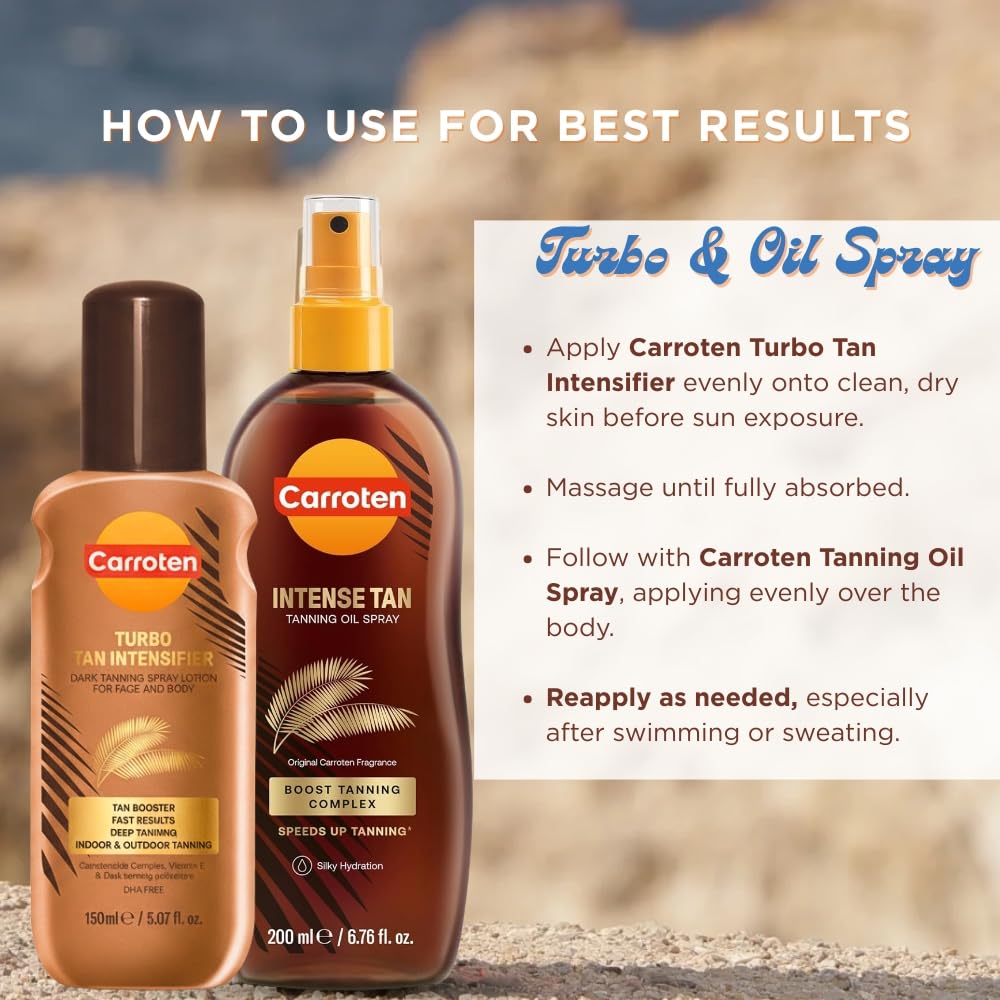 Carroten Turbo Tan Intensifier + Intensive Tanning Oil | Tanning System for Long-Lasting Results | Browning Tan Accelerator | Carrot & Coconut Oil + Vitamins A+E | Made in Greece | 5 oz + 6.7 oz