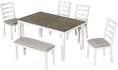 Miniatura 7 de Merax Juego de 6 piezas de comedor de 60 pulgadas para el hogar, cocina, comedor, juego de mesa rectangular con 4 sillas tapizadas y un banco, juego