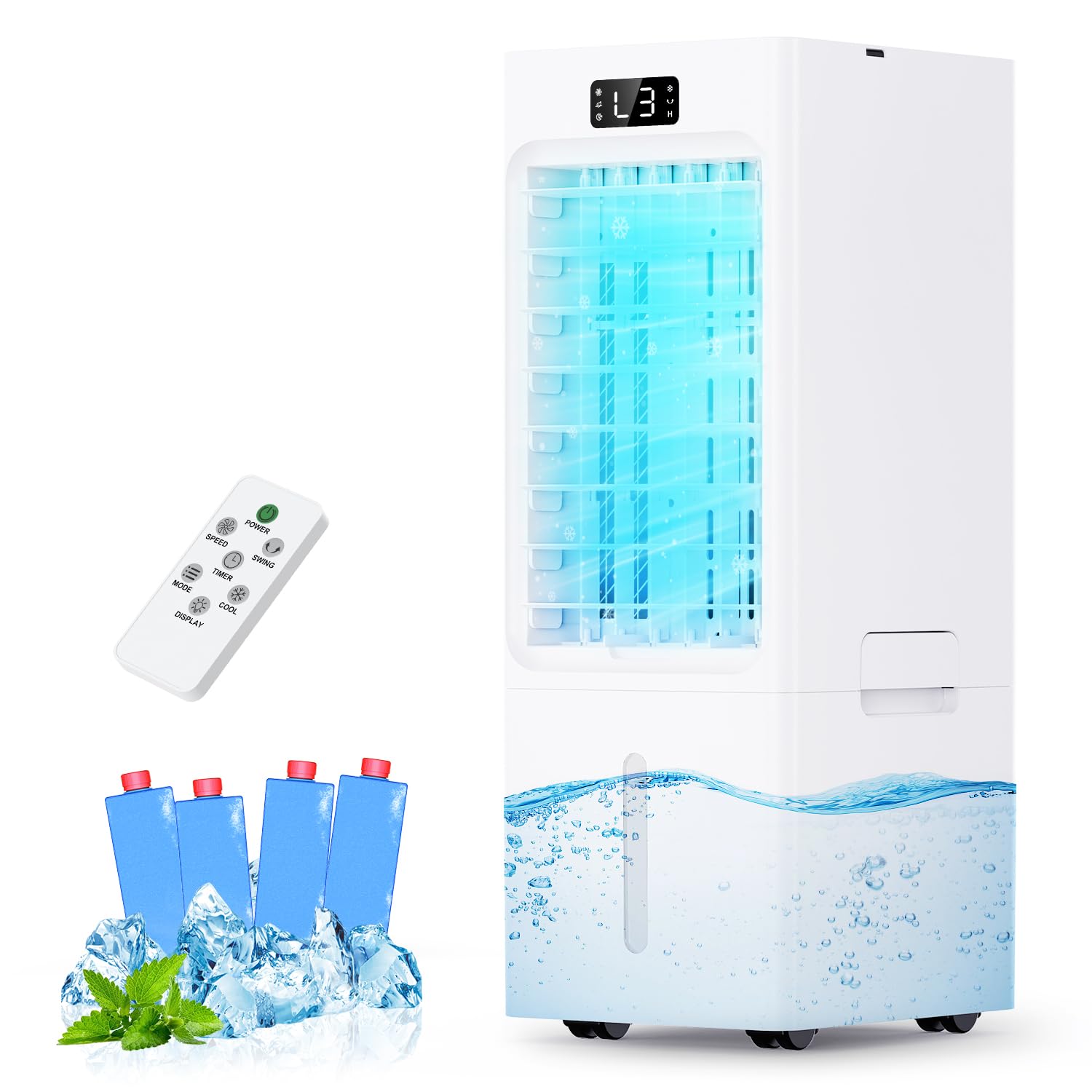 Aire Acondicionado Portatil 4 en 1, Enfriador de Aire con Tanque de 6L, 3 Modos & 3 Velocidades, Temporizador 1-12H, Oscilación,4 Packs de Hielo, Control Remoto, Portátil, Silencioso