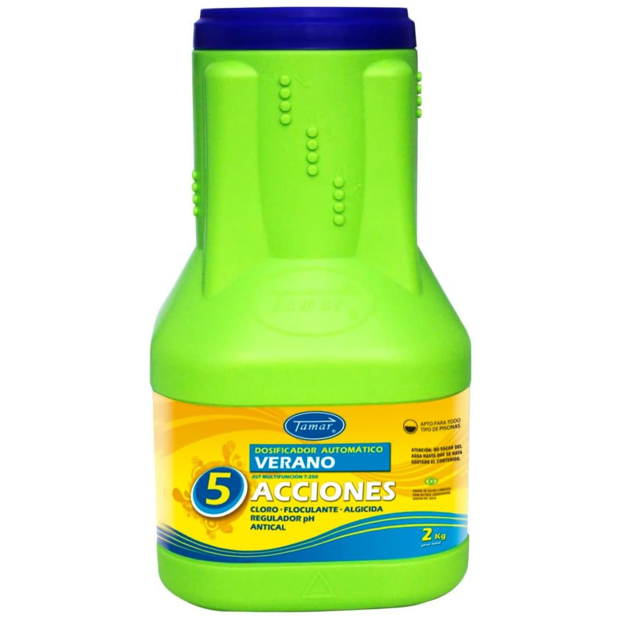 Dosificador Cloro en Pastillas, Cloro 5 Acciones, Dosificador automatico Verano, Apto para Todo Tipo de Piscinas, Forma Producto Tableta, disolucion Lenta, biocida Especial multiaccion, Contiene 2 Kg