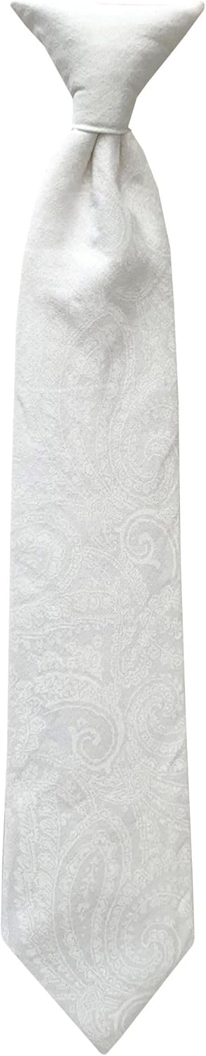 Boys Necktie Clip-On White Paisley Cotton for Communion, Christening and Baptism