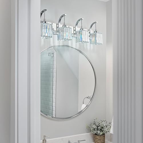 Miniatura 8 de Luces de tocador de cristal cromadas de 4 luces, modernas lámparas de baño de cristal sobre espejo de 32.67 pulgadas de largo para baño