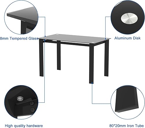 Miniatura 4 de Mesa de comedor rectangular de vidrio templado con patas de metal, color negro, 52 x 27.6 pulgadas x 29.5 pulgadas de alto