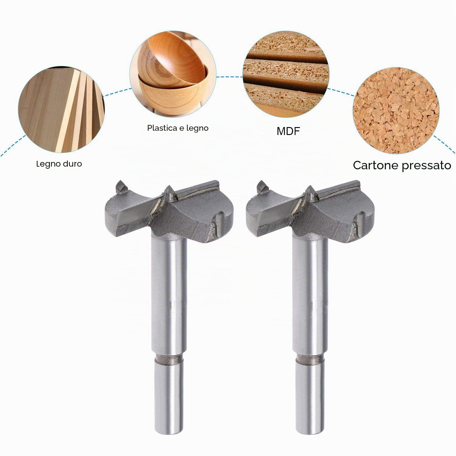 Forstner - (40/45/50/60/70 mm) Set di 5 punte per trapano e sega a tazza in acciaio al tungsteno, per legno, plastica e compensato