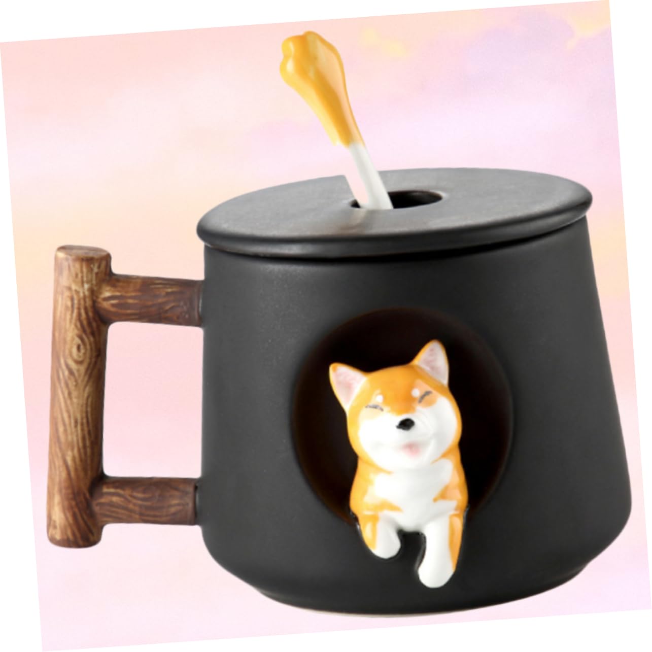 SOIMISS Keramiktasse mit Deckel und Löffel in Schwarz Tasse Kaffee und Tee für Zuhause und Büro Komfortabel zu Greifen und Leicht zu Reinigen