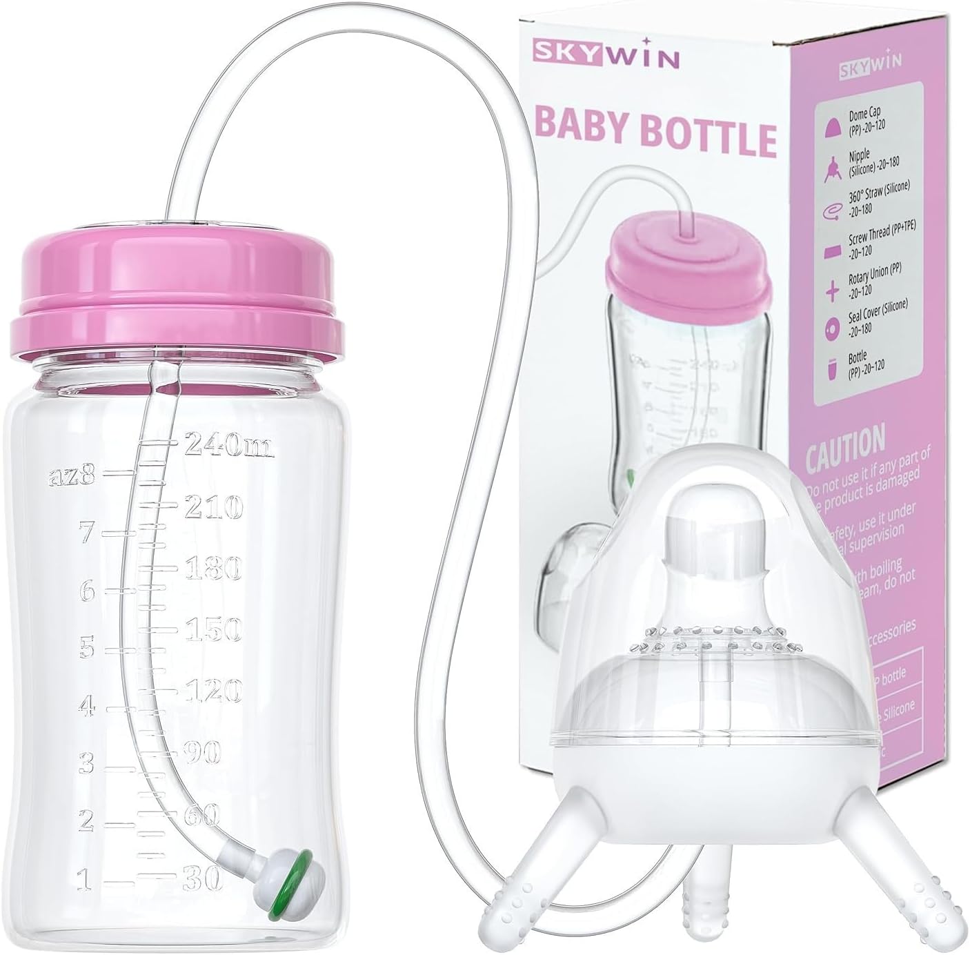 TidyFriend Baby Bottle Anti Colic with Straw 8oz – Built in Nipple Valve & Base Vent Hole for Gas Reduction, Upright Position Hand Free Bottle for 6m-2y Kids [Use Under Caregiver Assisted] (Pink)