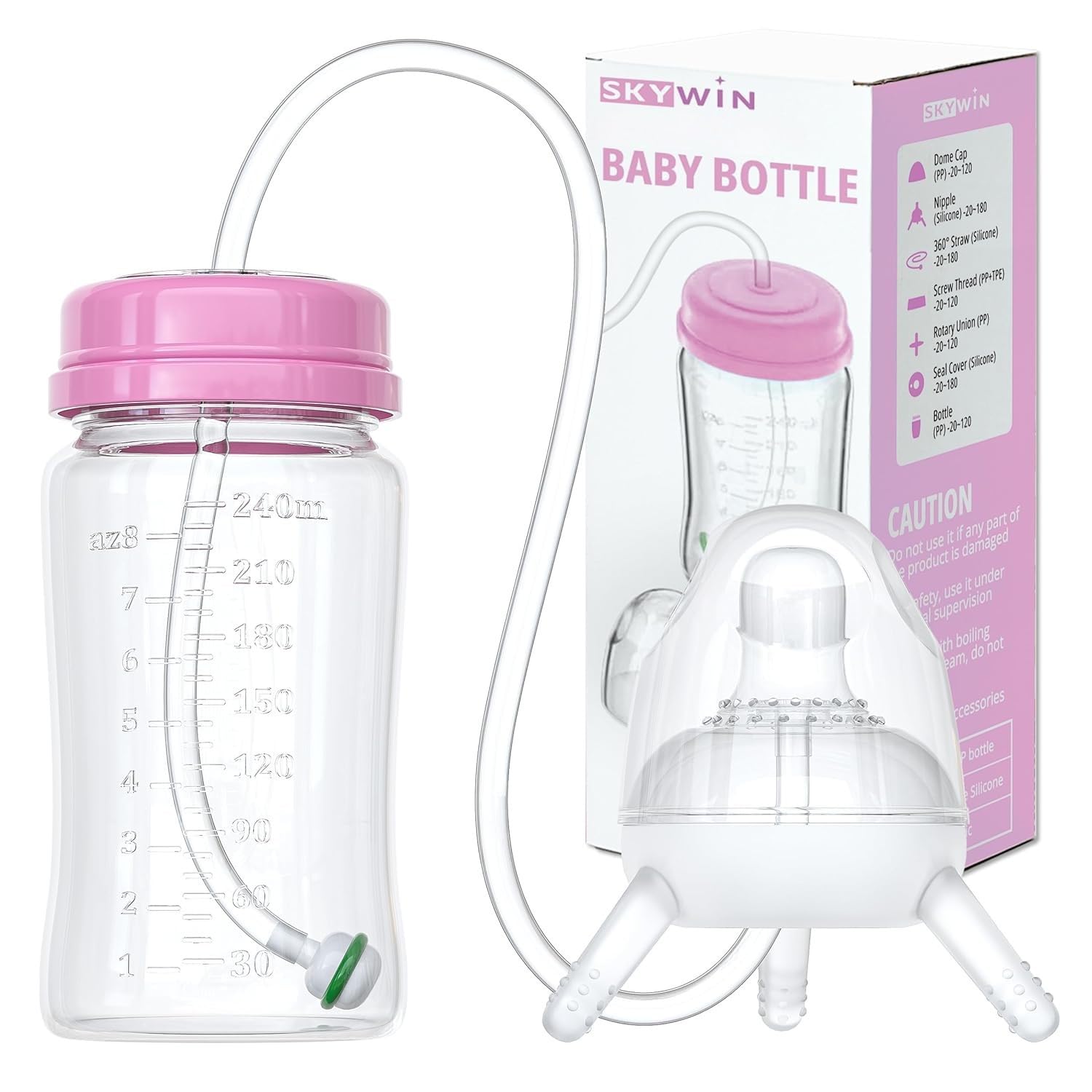 TidyFriend 2 Pk Baby Bottle Anti Colic with Straw 8oz – Built In Nipple Valve & Base Vent Hole for Gas Reduction, Upright Position Hand Free Bottle for 6m-2y Kids [Use Under Caregiver Assisted] (Pink)
