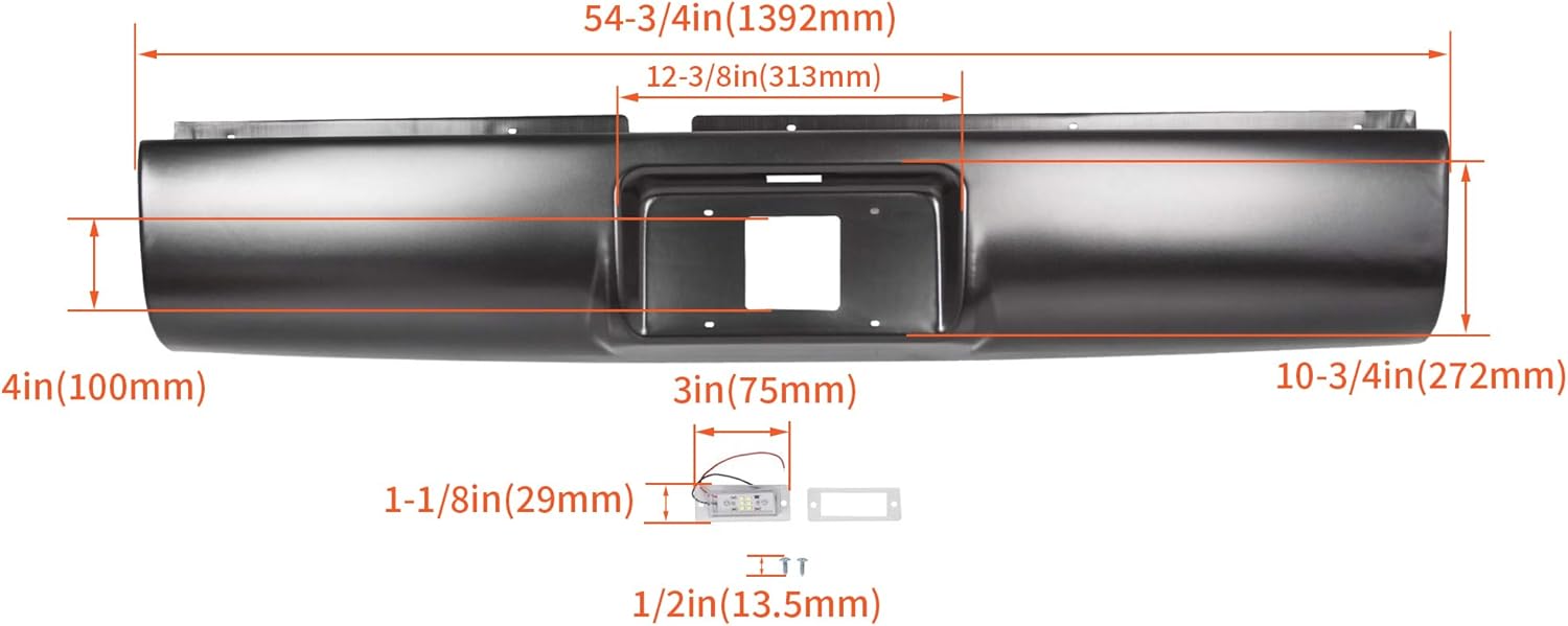 KUAFU Rear Roll Pan Bumper With Light License Plate Compatible With 1994-2003 Chevy S10 Pickup Fleetside Chevrolet GMC Sonoma Steel