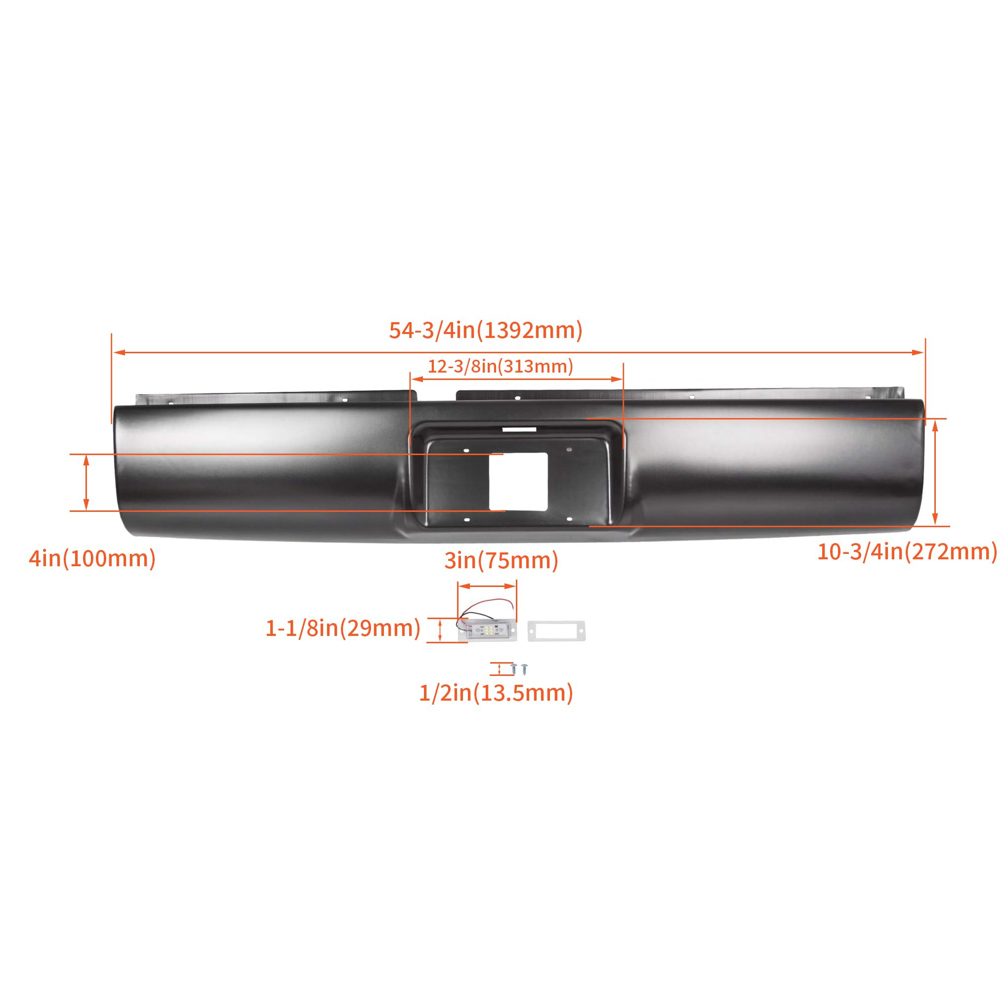 KUAFU Rear Roll Pan Bumper With Light License Plate Compatible With 1994-2003 Chevy S10 Pickup Fleetside Chevrolet GMC Sonoma Steel