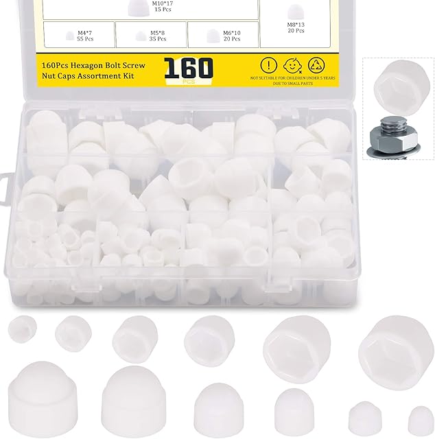 Mardatt 160Pcs 6 Sizes Bolt Covers Screw Caps Assortment Kit M4 M5 M6 M8 M10 M12 Plastic Acorn Nut Dome Hex Cap Cover for Protecting Hexagon Screws Bolts,White