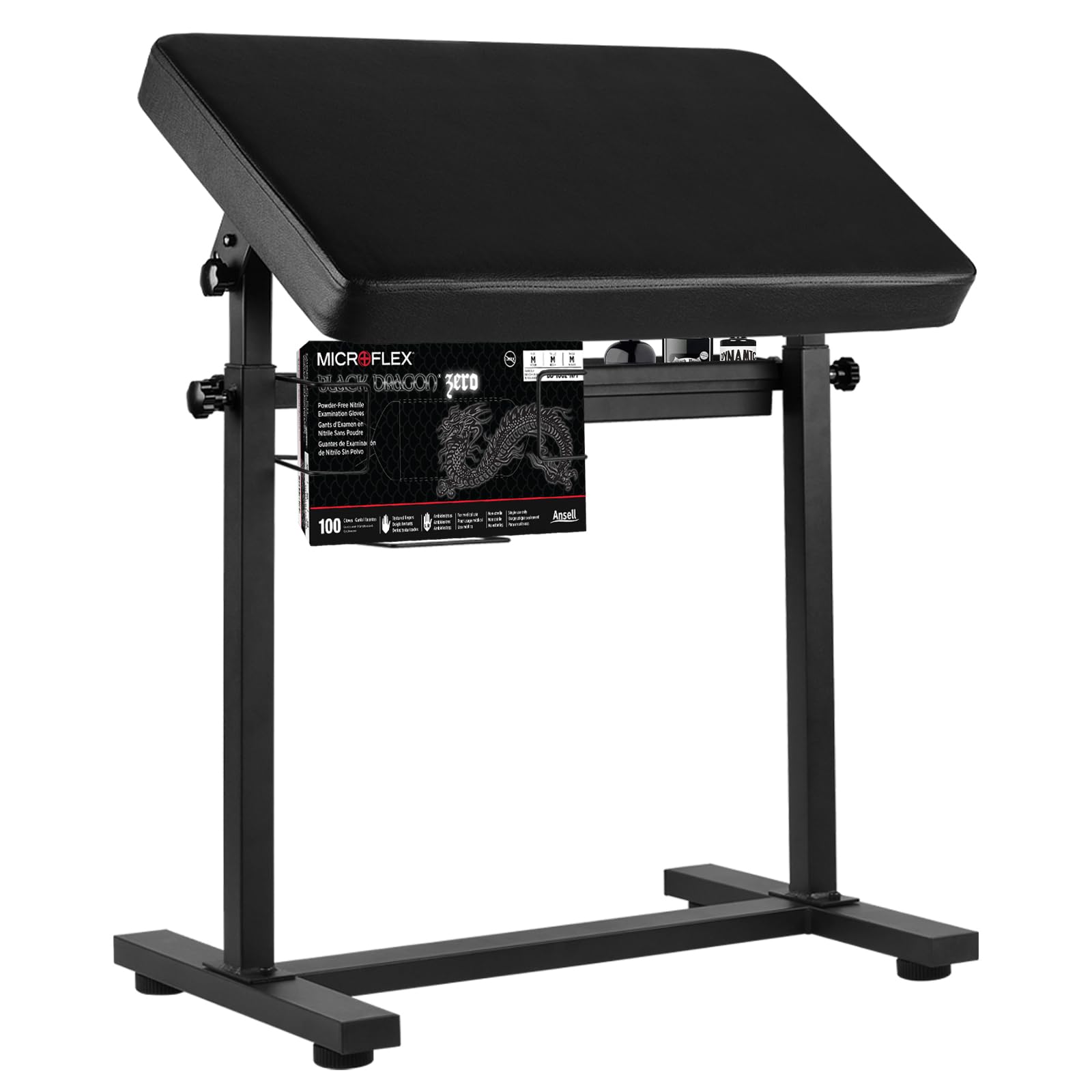 Tattoo Arm Rest Stand, Large Armrest Tattoo with Rack and Storage Compartment, Tattoo Armrest Stand with PU Leather Soft Sponge Pad, Adjustable Height & Angle for Tattoo Supplies