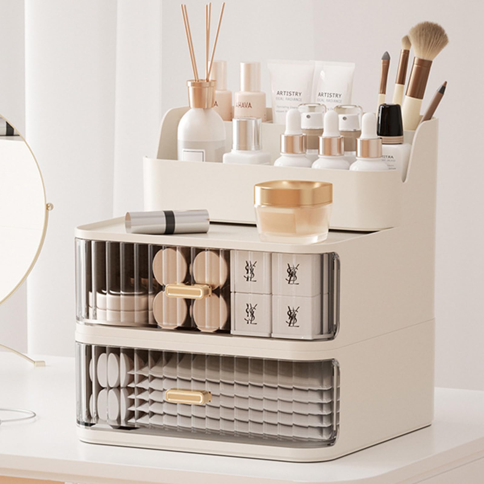 BAVIEN Large Makeup Organizer Cfor Vanity osmetic Storage Box Drawer Type Desktop Organizer Multi-layer Plastic Cosmetic Storage Container for Lipstick, Brushes, Lotions (White, 2 Layer)