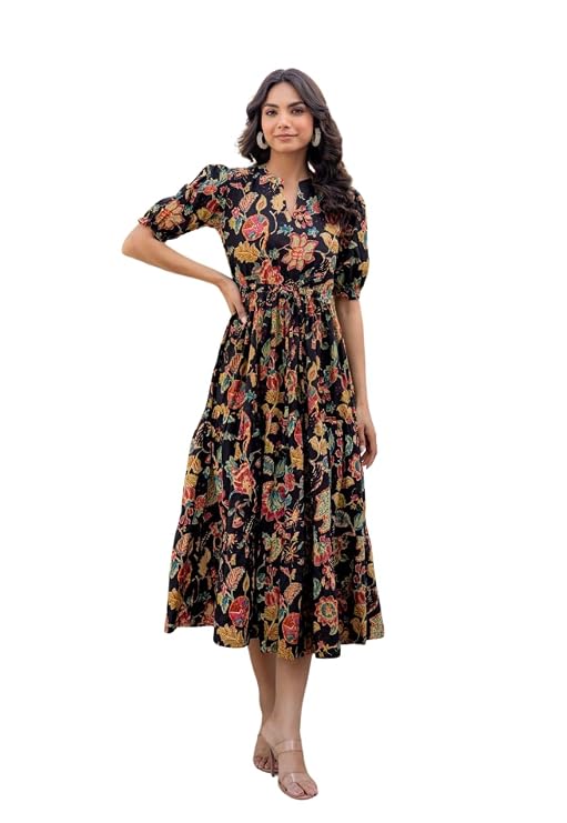 LABEL ADRIJA Pure Cotton Calf Length Midi Dress for Women Floral Print | Flared Anarkali Dress Puff Sleeves - How to Style a Floral Midi Dress for Any Occasion