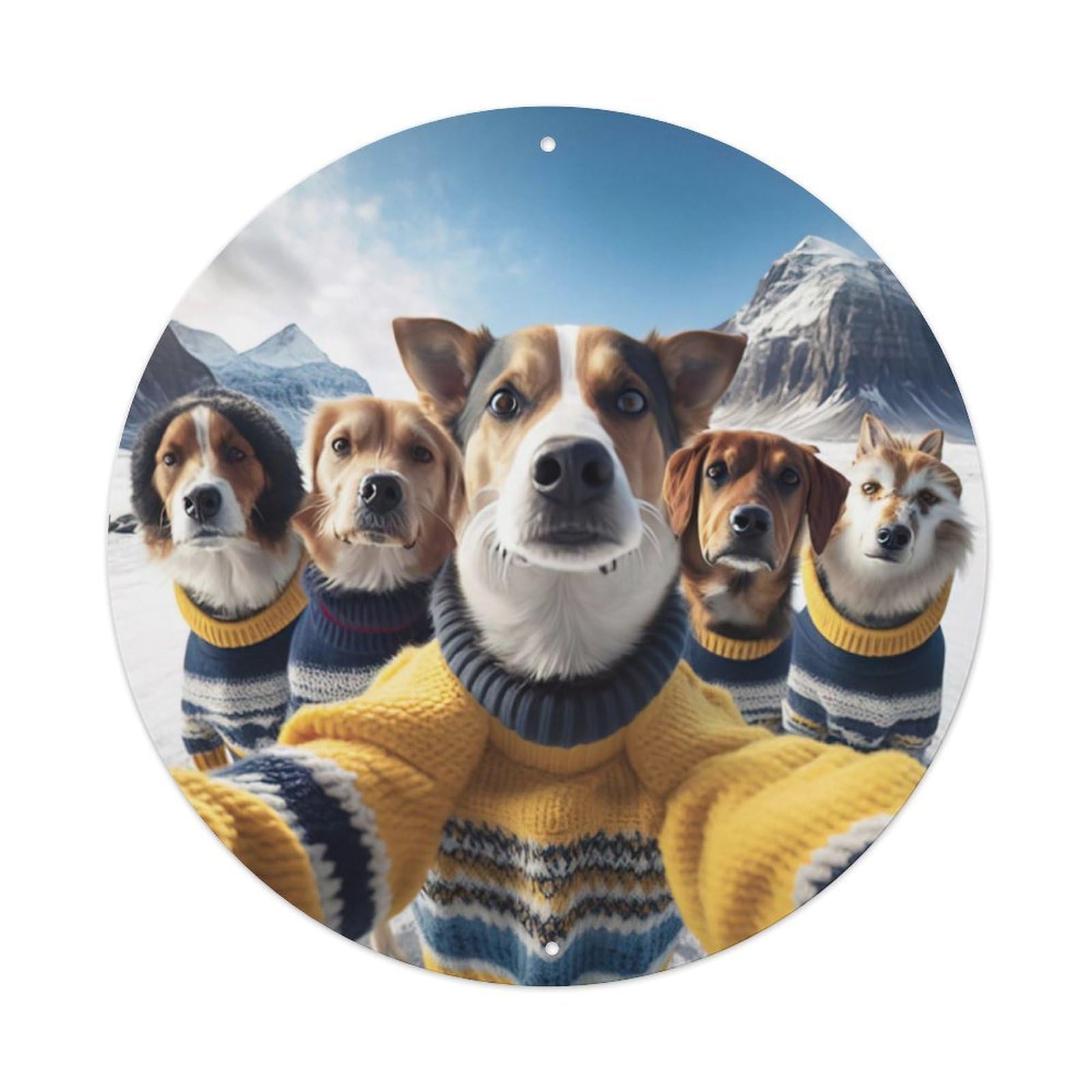 Animal Cute Dog Family Selfie Vintage Metal Tin Sign Plaque Wall Decor for Cafe, Club, Garden Round Metal Poster 8x8Inch
