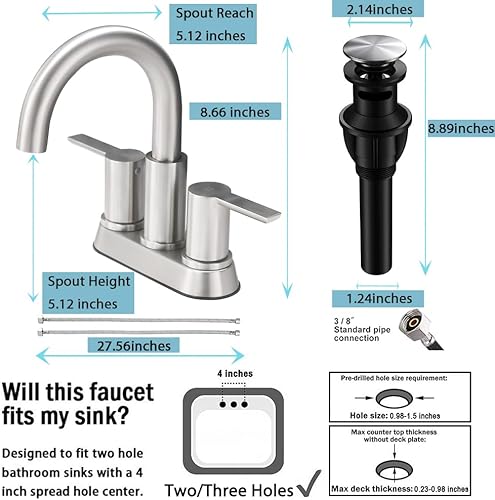 Miniatura 7 de BF017L - Grifo para lavabo de baño, níquel cepillado, dos asas, grifo de baño de 4 pulgadas, 3 agujeros con drenaje desplegable y 2 líneas de