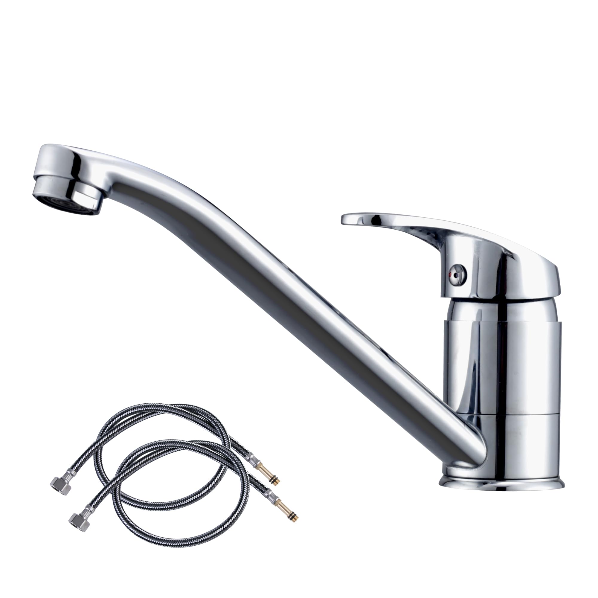 Kitchen Sink Mixer Tap Low Arc Single Handle Long Neck 360° Swivel Single Hole Caravan Kitchen Faucet with 2Pcs 80CM UK Standard Water Hoses， Chrome Finish