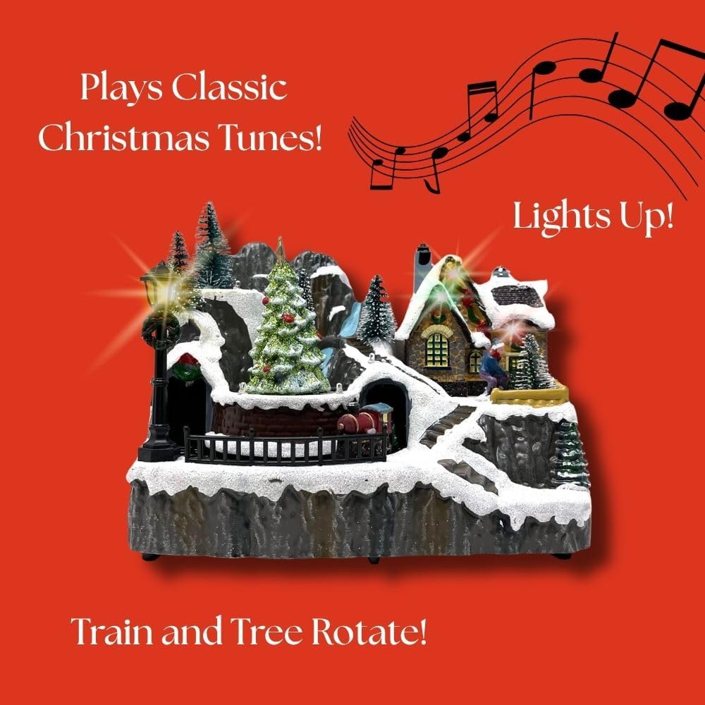 allgala Christmas Village House with Train Crafted Polyresin Christmas House Collectable Figurine with USB and Battery Dual Power Source-Moving Train and Tree-XH93446