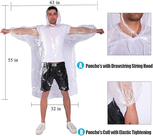 Miniatura 3 de Ponchos de lluvia con capucha con cordón (paquete de 6 niños + 4 unidades para adultos) Ponchos de lluvia desechables de emergencia paquete