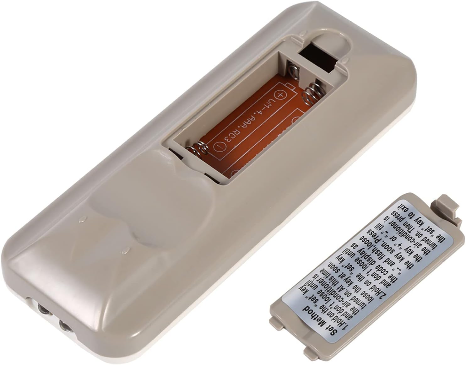 Back of Zerone K-1028E Universal AC Remote Control with battery compartment open, showing space for two AAA batteries.