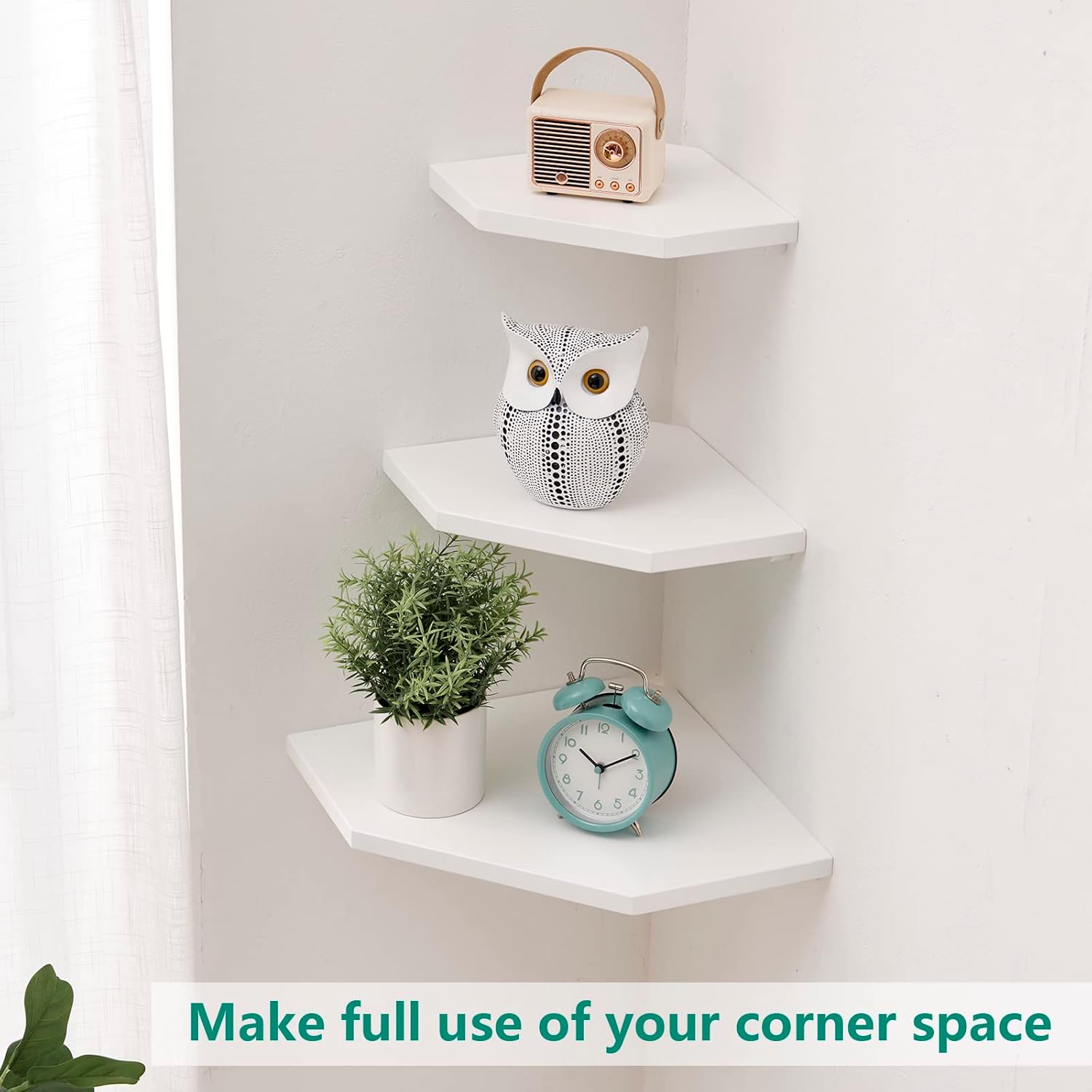 Corner Floating Shelves, White Corner Wall Shelf Set of 2, Solid Oak Wood Floating Shelves Wall Mount Shelf with Wire Hole Small Plant Display for Kitchen Living Room Bedroom