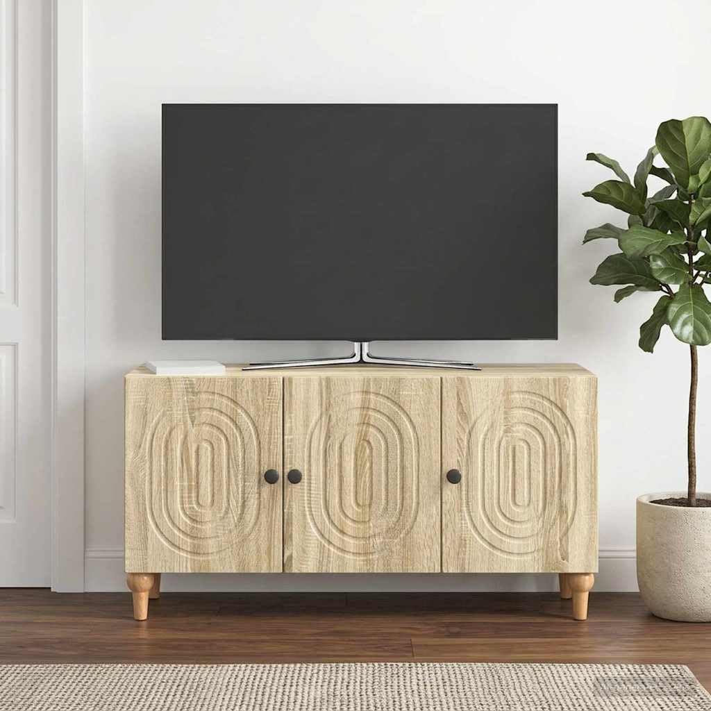Szafka pod telewizor dąb Sonoma z materiału drewnopochodnego 99 x 34,5 x 50 cm z 3 drzwiami obrotowymi, miejsce do przechowywania i miejsce do przechowywania, do salonu, sypialni, kącik