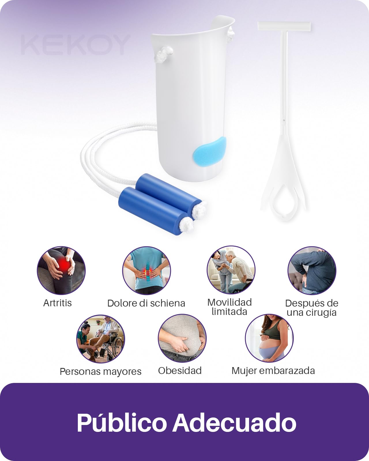 Kekoy Kit Calzador de Calcetines, Herramienta para Poner/Quitar Calcetines, Adaptado a Postoperatorios de Cadera, Personas Mayores, Mujeres Embarazadas y Movilidad Reducida (Azul 10,2 cm)