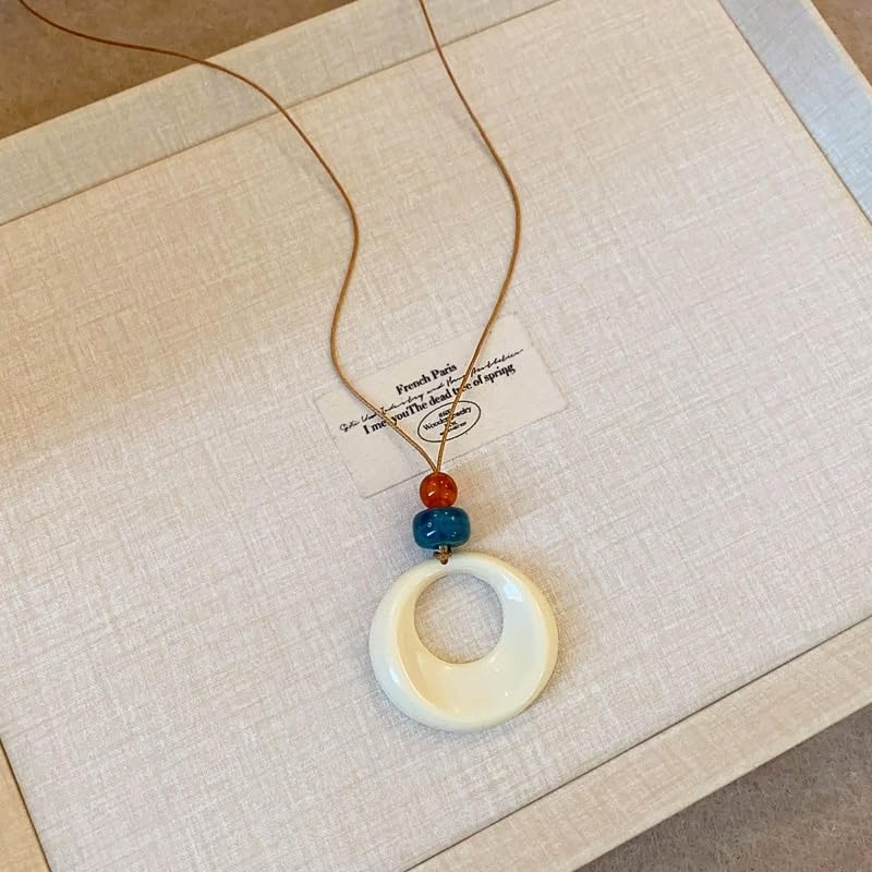 Black Leather Cord Necklace with Pendant for Women Long Minimalist Rope Slip Adjustable Chain Big Acrylic Circle Pendant Lariat Choker Necklace Boho Jewelry - Image 5