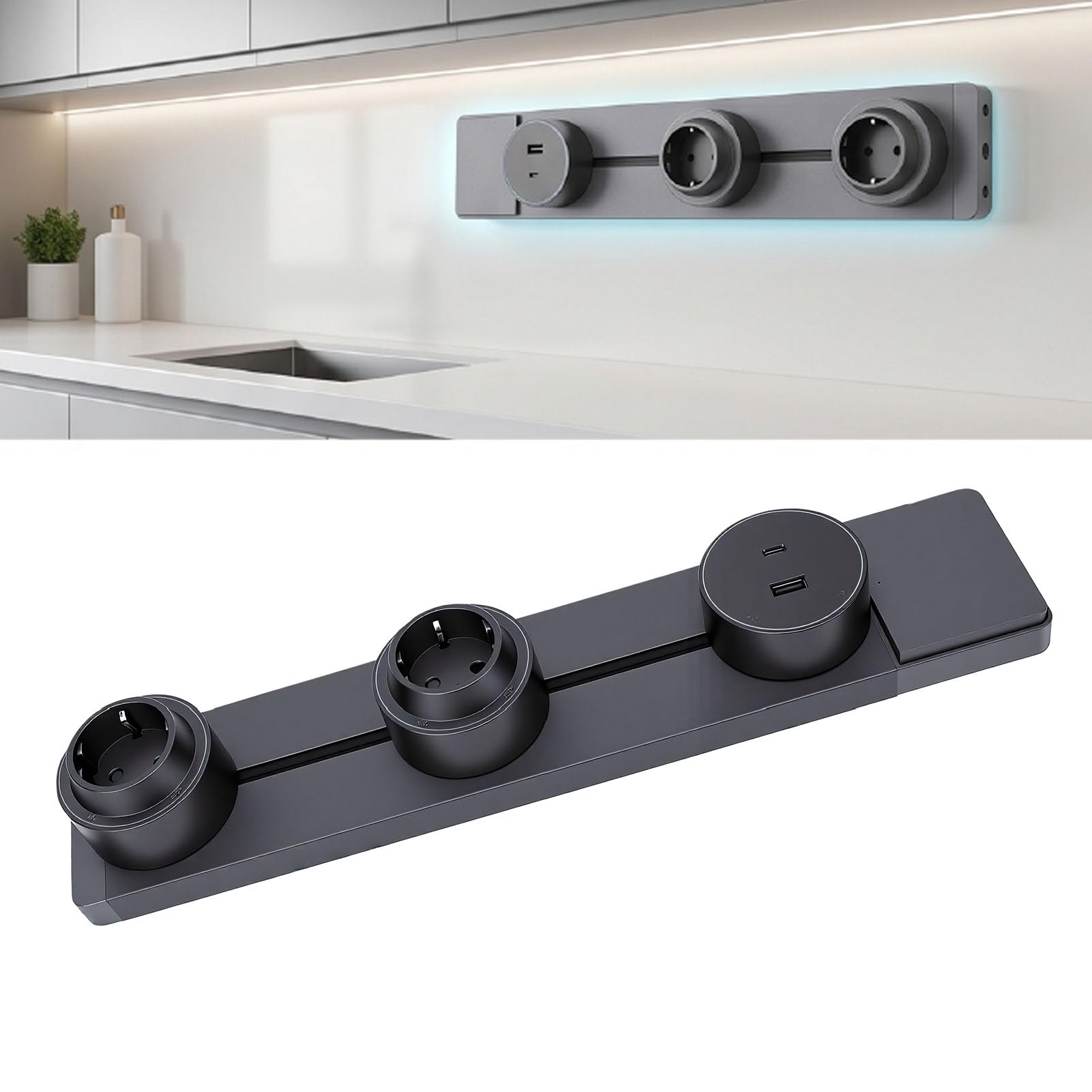 Ciabatta Elettrica, Ciabatta Elettrica Sotto Armadio con Porte USB, Installazione Semplice, da 40 Cm Montata a Parete in Lega di Alluminio per Ufficio, Hotel,