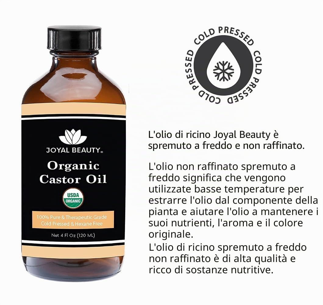 Castor Oil (4 OZ) USDA Organic 100% Pure Cold-Pressed Hexane-free Premium Quality Large Size for Hair Growth, Eyelashes, Eyebrows, Beard and Skin by Joyal Beauty. Bonus FREE Mascara Kit Included